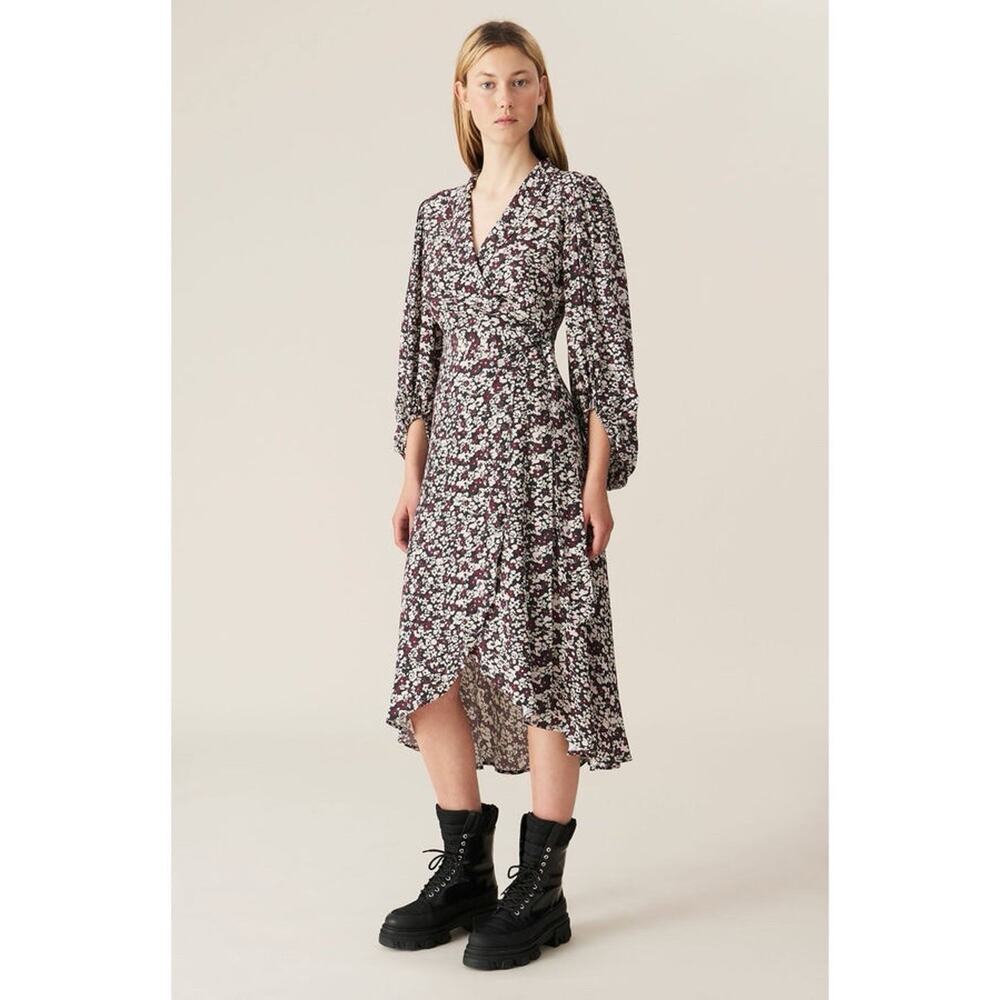 GANNI Floral Printed Crêpe Wrap Midi Dress Sz 34 (US 2) $265 Balloon Sleeves